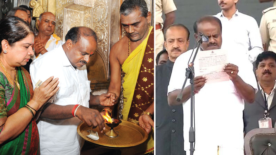 HDK visits Chamundi Hill Temple